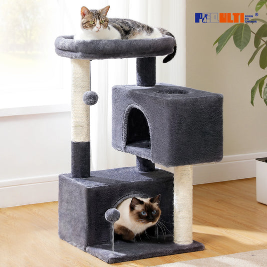 Mehrstufiger Kratzbaumturm mit Sisal-Kratzbäumen, weich gepolsterter Sitzstange, große Katzenwohnung für drinnen, Kätzchen, Bett, Haus, Katzenspielzeug