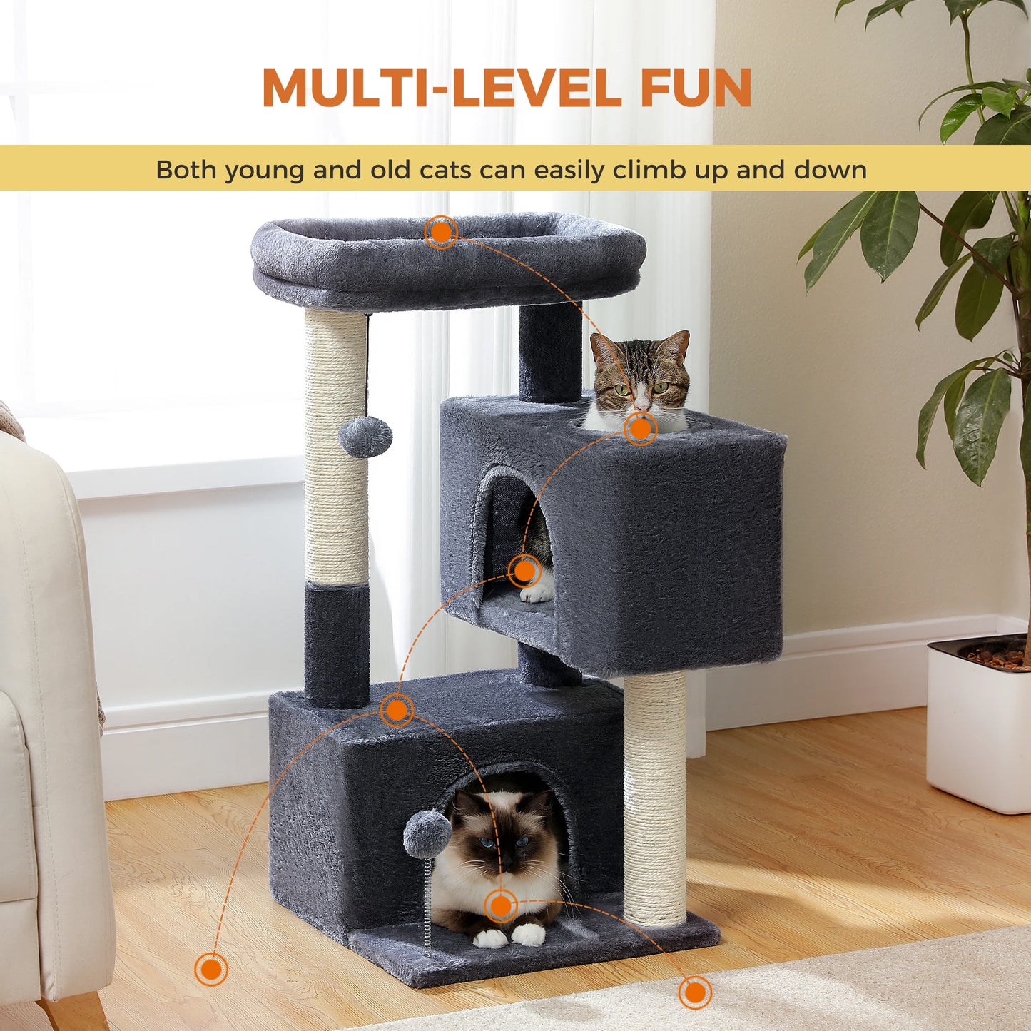Mehrstufiger Kratzbaumturm mit Sisal-Kratzbäumen, weich gepolsterter Sitzstange, große Katzenwohnung für drinnen, Kätzchen, Bett, Haus, Katzenspielzeug
