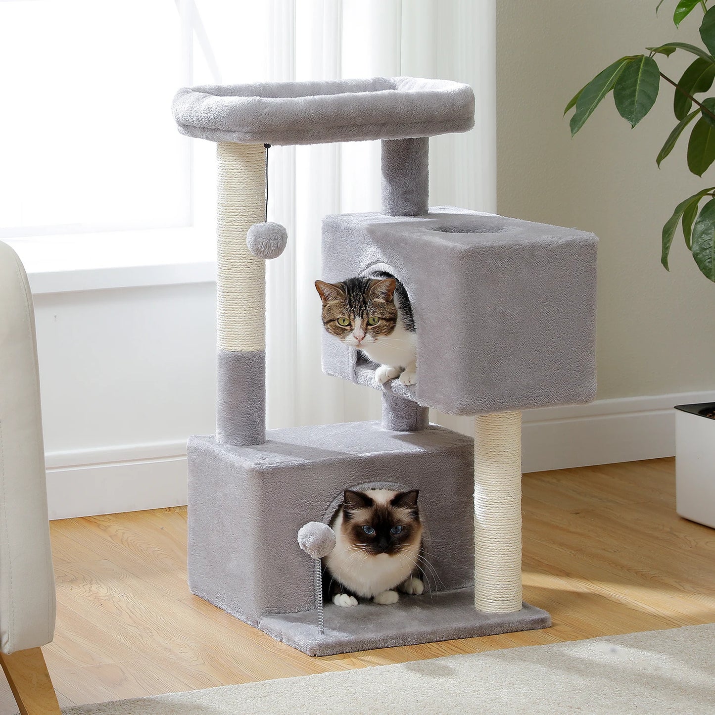 Mehrstufiger Kratzbaumturm mit Sisal-Kratzbäumen, weich gepolsterter Sitzstange, große Katzenwohnung für drinnen, Kätzchen, Bett, Haus, Katzenspielzeug