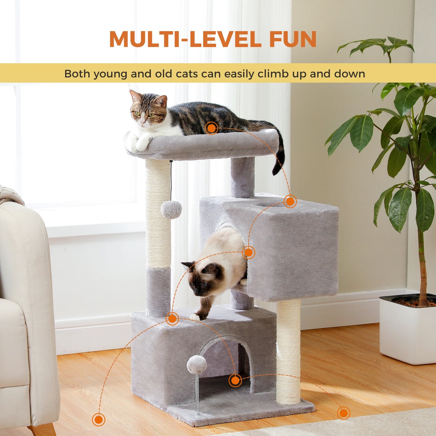 Mehrstufiger Kratzbaumturm mit Sisal-Kratzbäumen, weich gepolsterter Sitzstange, große Katzenwohnung für drinnen, Kätzchen, Bett, Haus, Katzenspielzeug